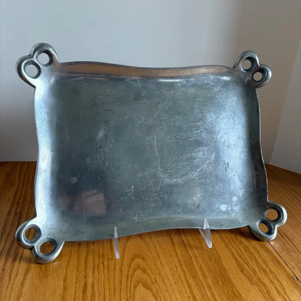 Vintage Cast‎ Metal Rectangular Tray Scalloped Edge Double Hole Handles Silver